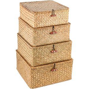 Brown  Wicker Woven Storage 4 Seagrass Rattan Storage Containers Organizers